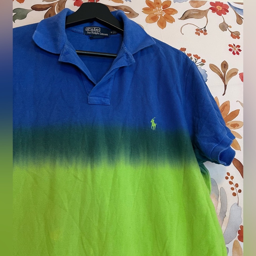 Vintage 80s Upcycled Polo Ralph Lauren Polo Mens M Blue Green Yellow Dyed Spring